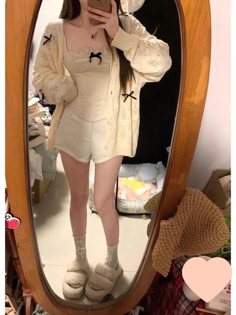 Women's Lightweight Hollow Knit Bow Cardigan Sweater