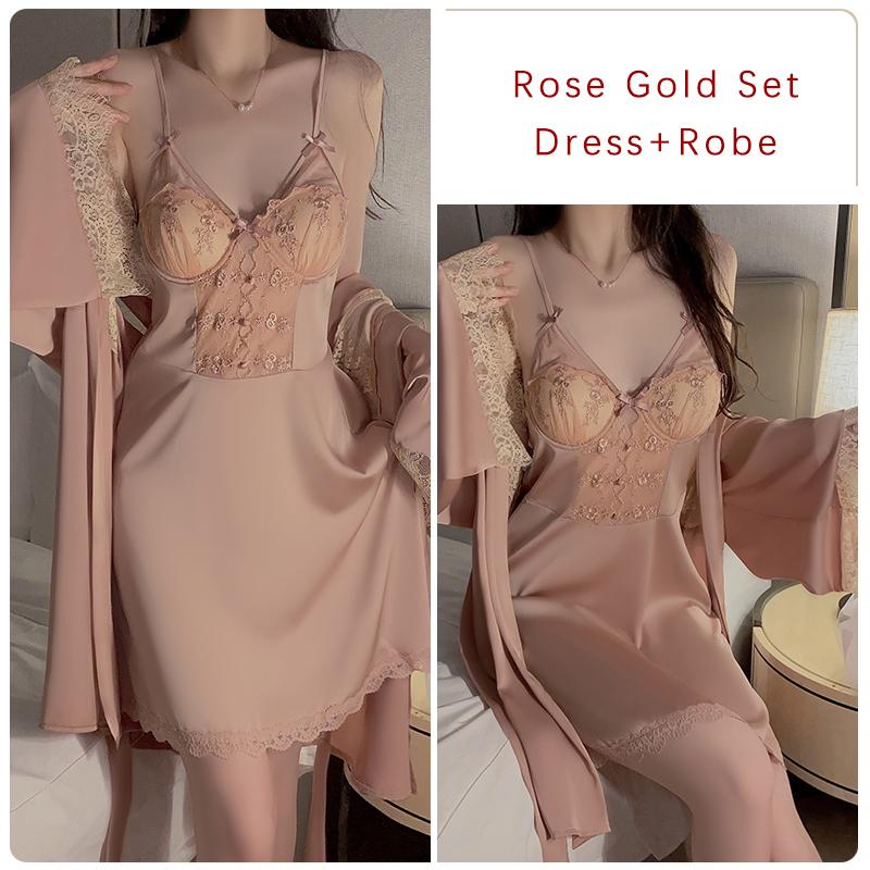 

Летний комплект пижамы из ледяного шелка для женщин с вышитыми сексуальными кружевными накладками на грудь на косточках, сексуальный комплект пижамы-халат для женщин L