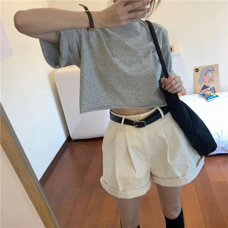 Damen Sommer Koreanischer Stil Baumwolle Crop Top – Kurzärmlig, Lockere Passform, Vielseitig und Trendig