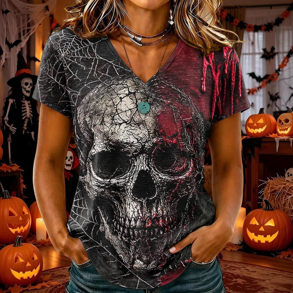 T-shirt d'Halloween pour femme à col en V et manches courtes, Haut décontracté élégant et confortable