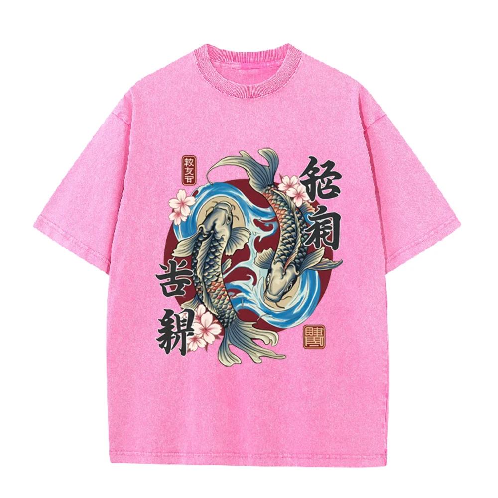 2026 Mens Japanese Style Koi Fish Carp Printed Crew Neck Tee 100 Pure Cotton Loose Fit Soft Breathable Short Sleeve Daily Walkin