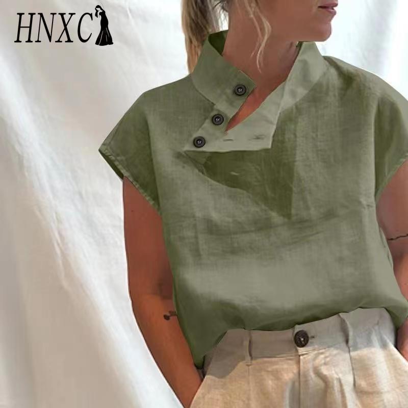 HNXC Women's Fashion Casual Solid Color Print Short Sleeve Blouses & Shirts