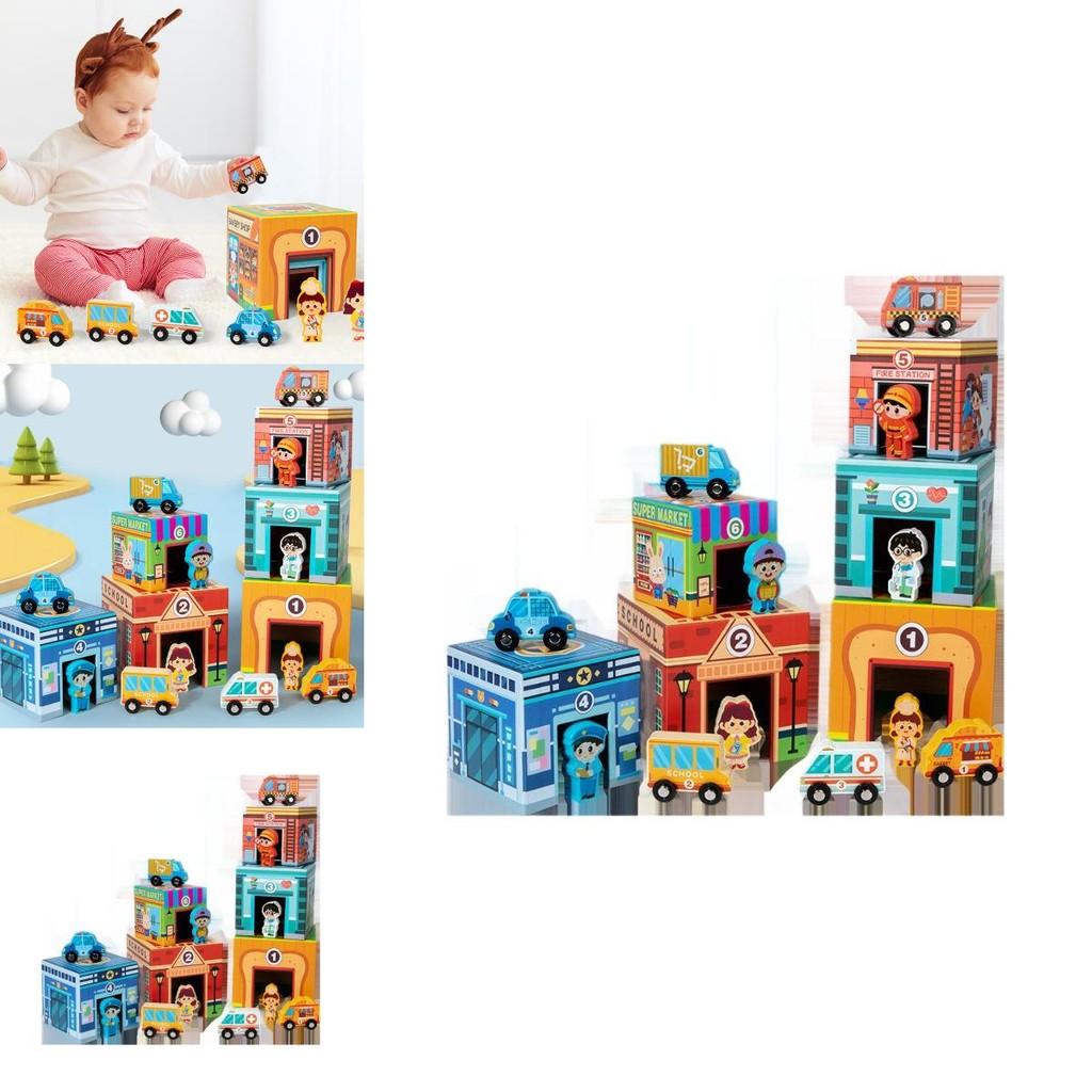 Wooden Stacking Toy Set For Early Education And Logic Development With Traffic Scene For Kids