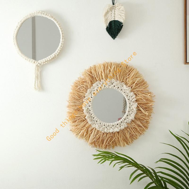 Woven Cotton Rope Mirror Wall Boho Raffia Makeup Mirror Dressing Hanging Mirrors Living Room Bathroom Decoration 55KF CN