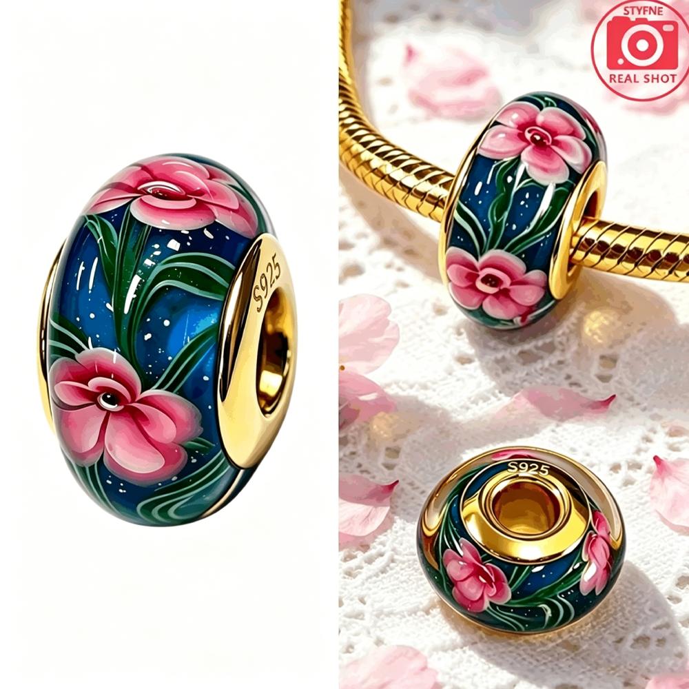 New Exquisite 925 Silver Colored Glass Beads Flowers Murano Bead Charms Fit DIY Bracelet Jewelry Fine Gift for Women