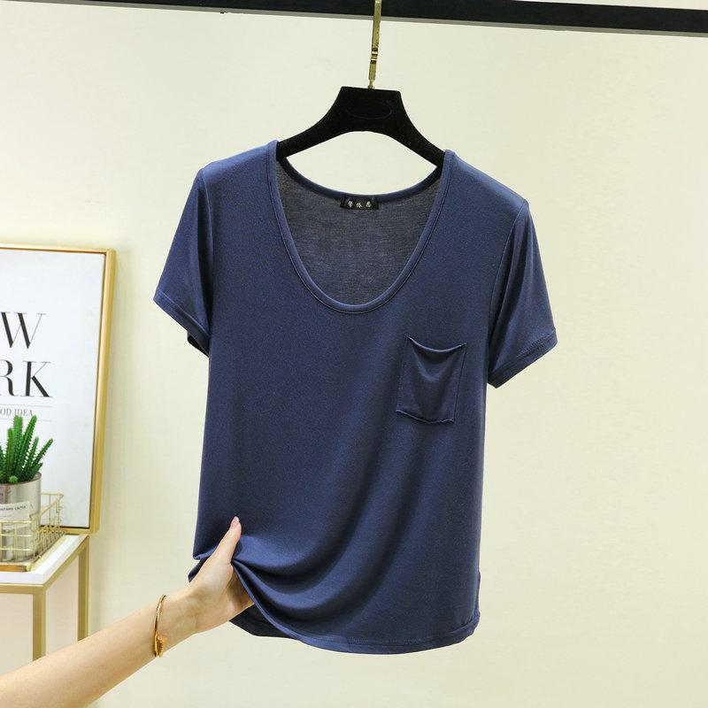 Women's U Neck T-Shirt 2026 Summer Modal Basic Short Sleeve Tshirts Loose Fit Relaxed Casual Tee Tops Solid Pocket Tees