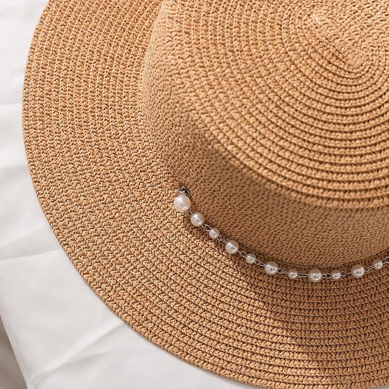 Summer Straw Sun Hat for Women - Faux Pearl Decorated, Stylish Protection for Face and Neck, Perfect for Outdoor Activities