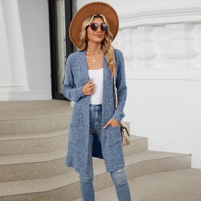 Dames Lange Effen Kleur Lange Mouw Losse Zak Vest Jas