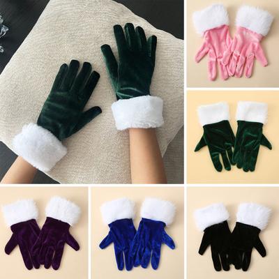 Kurze Retro Samthandschuhe Damen Opernhandschuhe mit flauschigen weißen Stulpen Handgelenk