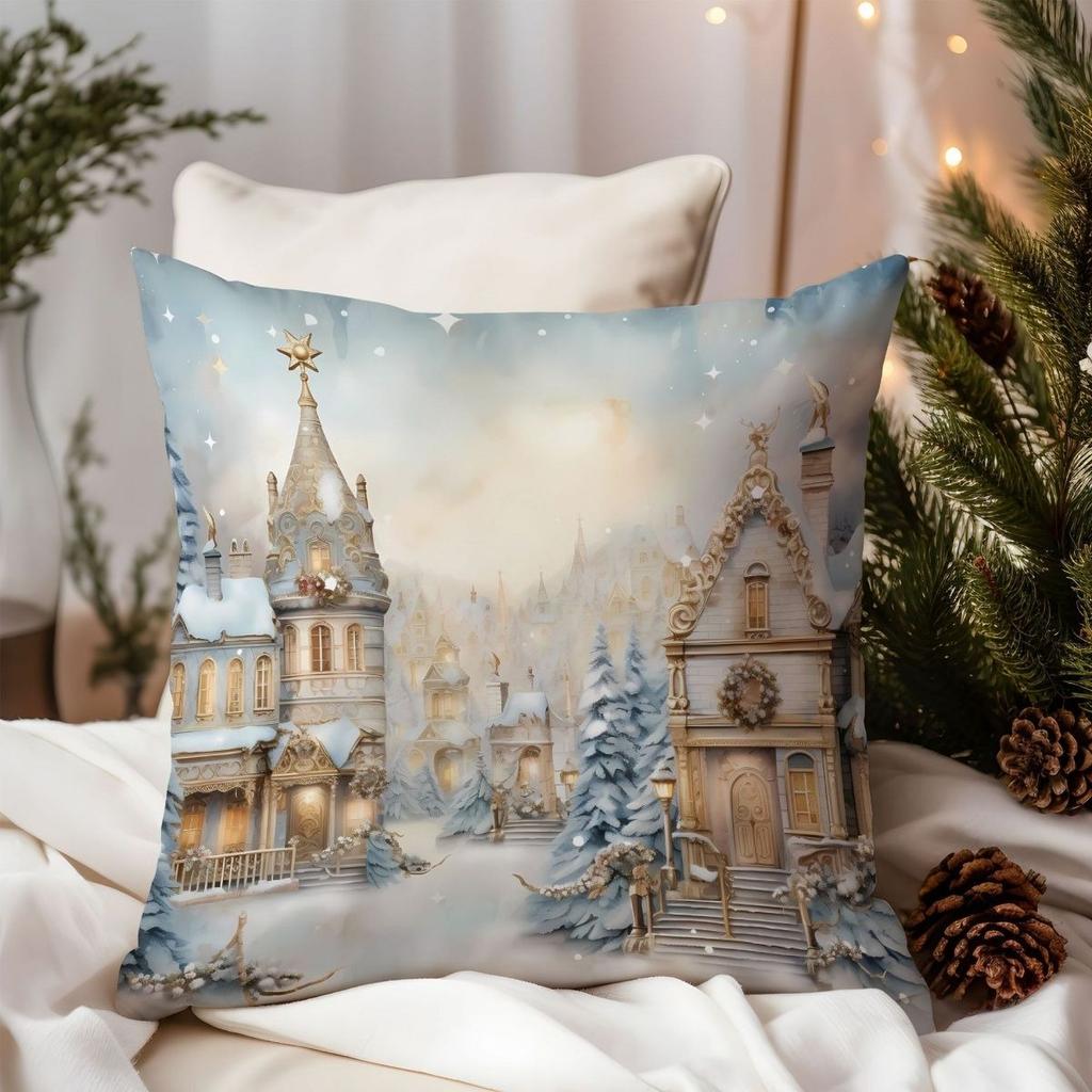 Christmas Blue Floral & Golden Pine Cone Throw Pillow Cover, Festive Elegant Printed Cushion Case