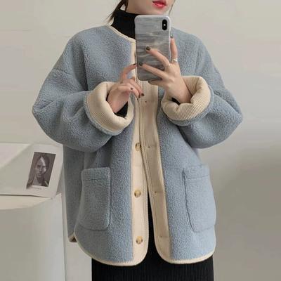 Hiver Épais Contrastant Rétro Style Agneau Ample Vêtements pour Femmes Col Rond Mi-longueur Cardigan Tendance Tout-match Manteaux Chics