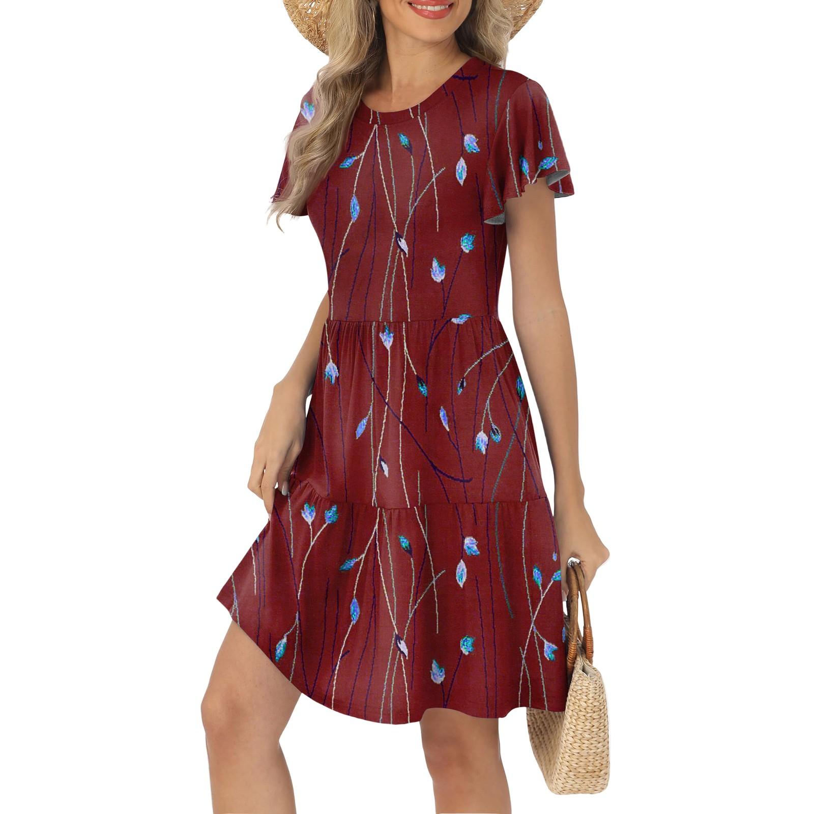 

Женские летние повседневные платья с оборками на рукавах, круглым вырезом и карманом в винтажном стиле с цветочным принтом XL