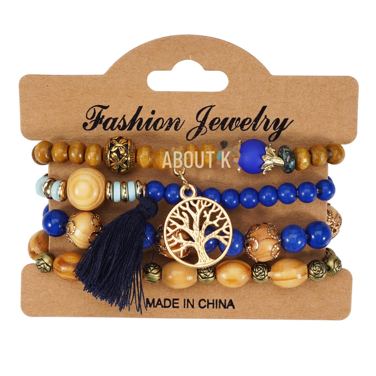 

Элегантный комплект браслетов ручной работы из розового сплава и деревянных бусин (HY-2774) синий