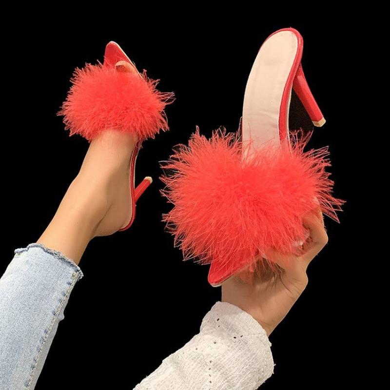 Summer New High Heels Sexy Slippers with Fine Heel Design and Hairy Decoration Cool Slippers with Daily Pointed Points Luxury