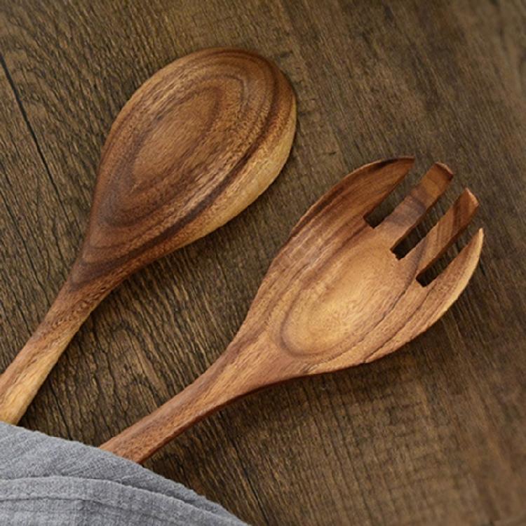 Heatproof Wooden Spoon And Fork Pair Nonslip Grip Utensils Cutlery Collection For Healthy Meal Preparation