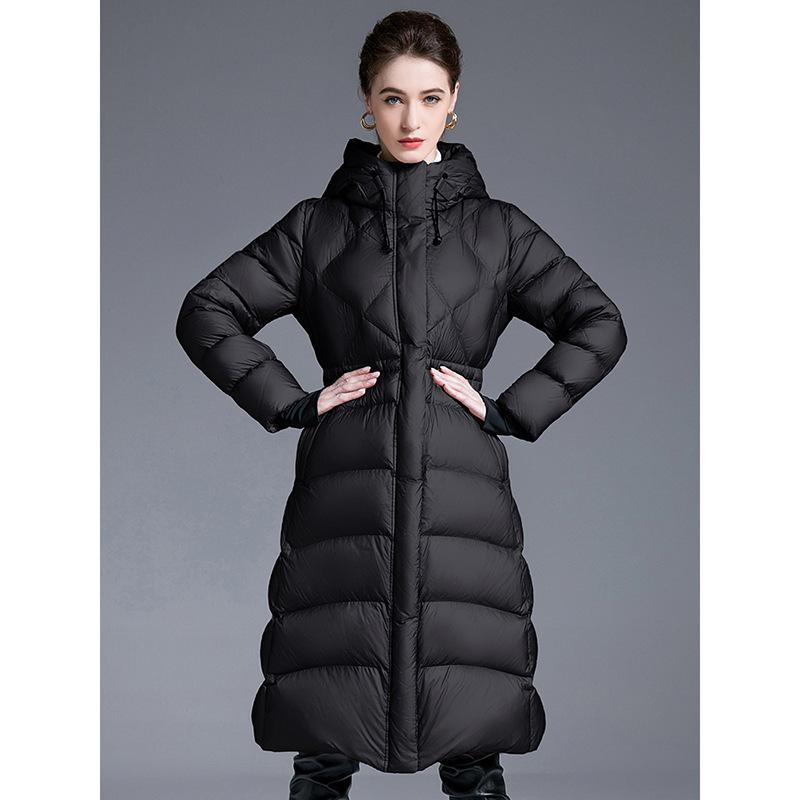 Down jacket winter women's long over the knee new hooded slim waist thin thickened white duck down jacket tide
