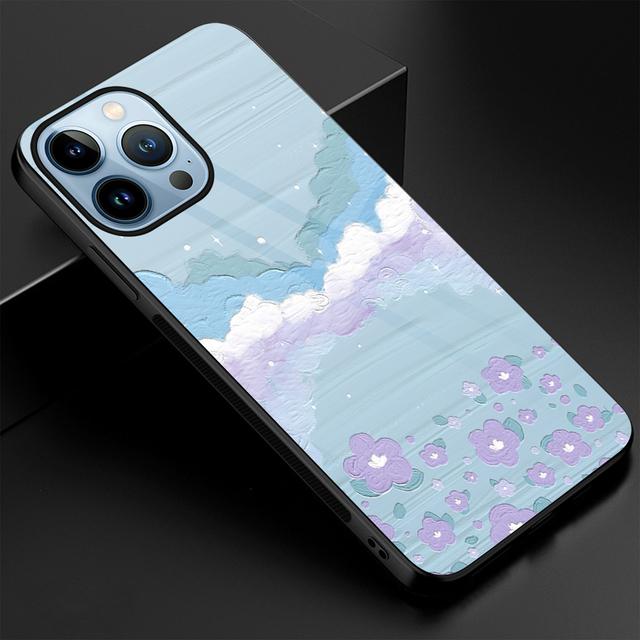 Painted Floral Landscape Case For Iphone 14 13 11 12 Pro Max Mini Xs Xr X 7 8 6s Plus Se 2022 Luxury Tempered Glass Cover Coque