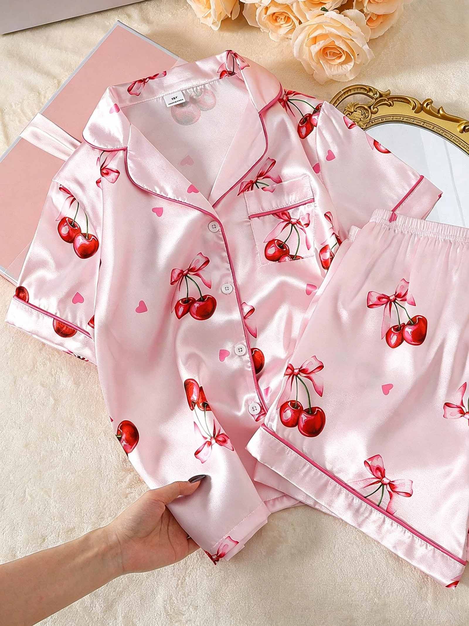 Satin-Pyjama-Set für Mädchen, Kurzarm-Oberteil & Shorts mit Kirschen-Print, Weiche Nachtwäsche & Loungewear für 8-12 Jahre 12Y rosa