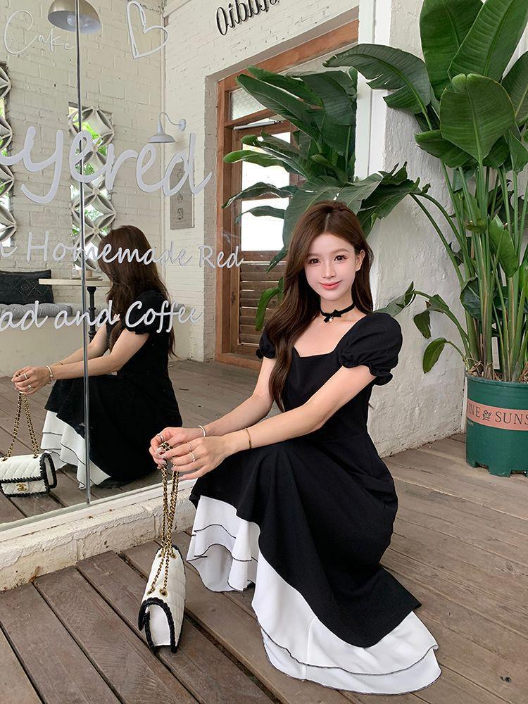Black Swan Contrasting Color Short-sleeved Skirt, Small Black Skirt, Thin A-shaped Dress, Hepburn Elastic Elastic Waist Skirt