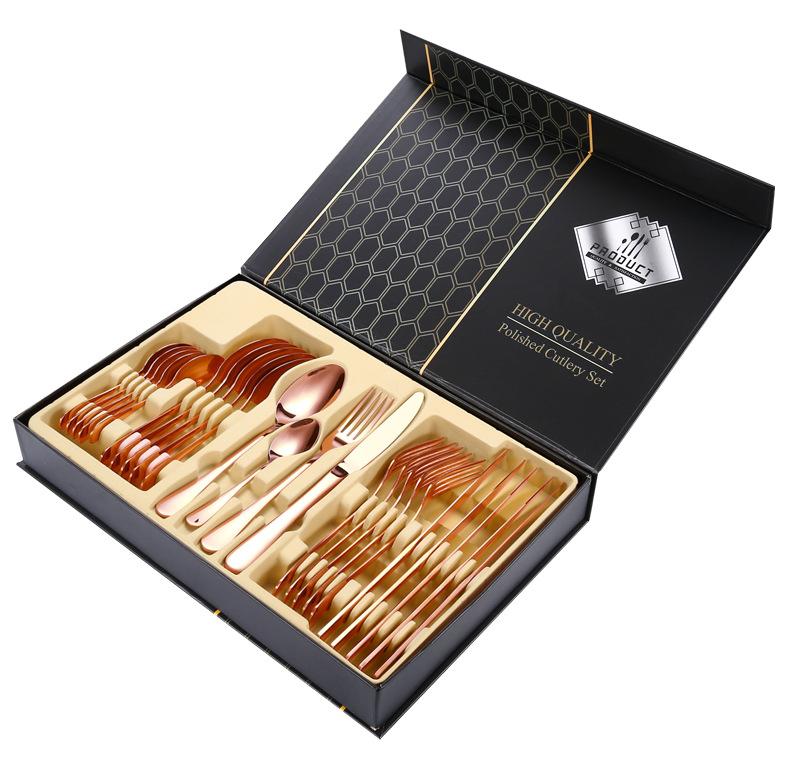 24pcs Gold Dinnerware Set Stainless Steel Steak Knife Fork Coffee Spoon Teaspoon Flatware Dishwasher Safe Kitchen Tablewar