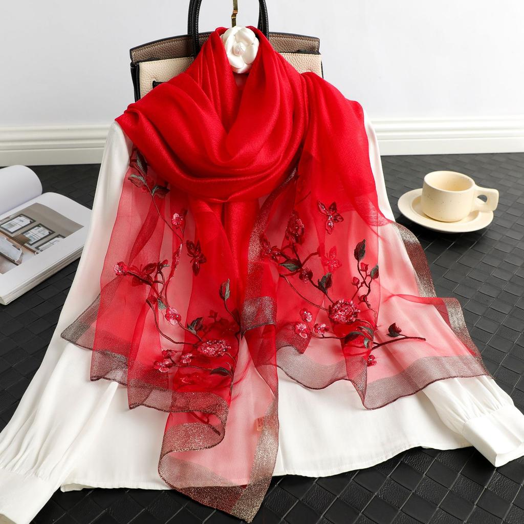 Lady Floral Embroidery Silk Wool Scarf Luxury Plaid Women Hijab Female Beach Stoles Shawl Wrap Headbands Scarves Bandana