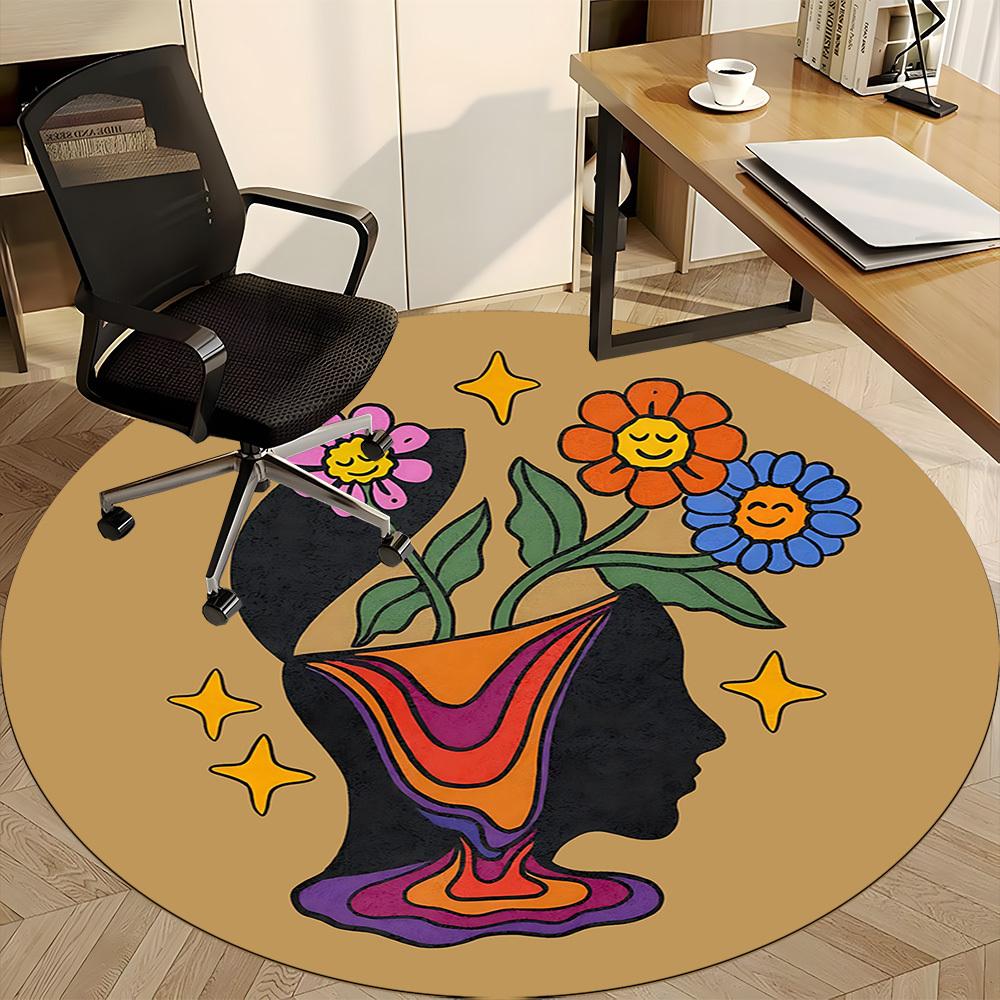 1 Stück Flower Power Büro Runder Teppich, Matte Geeignet Für Büro, Unter Bürostühlen Schlafzimmer Wohnzimmer Heimdekoration, Raum Deko
