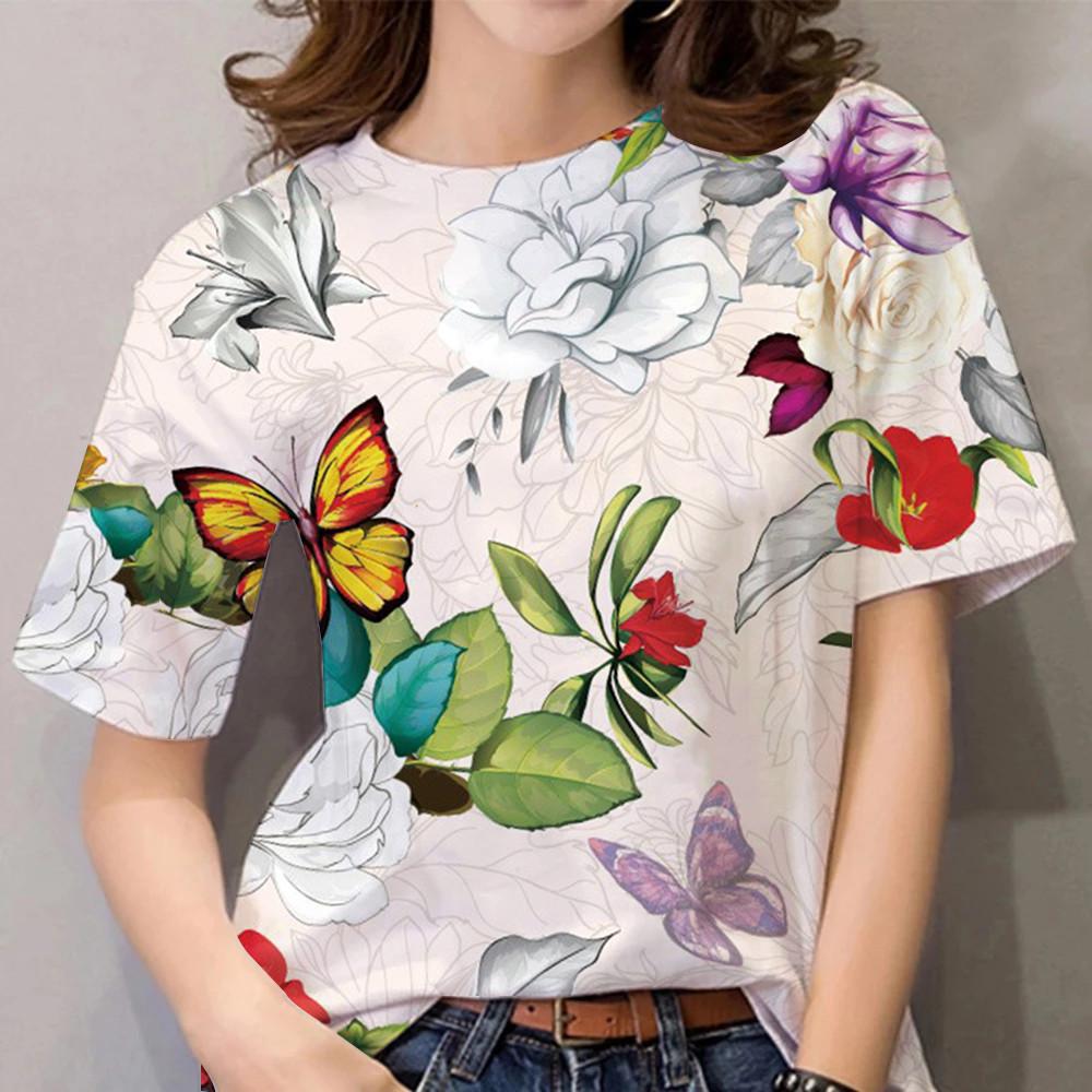 Women's Short Sleeved Butterfly Printed T-shirt Casual Top Plus Size