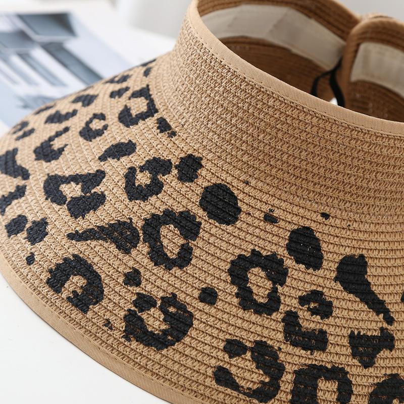 Spring and Summer Fashion Female Leopard Print Empty Top Straw Hat Sunscreen Sun Hat Paper Woven Grass Bow Large Edge Adjustable Sun Hat