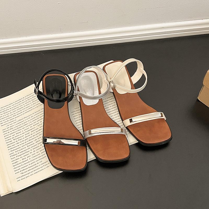 Fashion open-toed square heel with sandals women's 2025 summer new metal jewelry casual middle heel work shoes