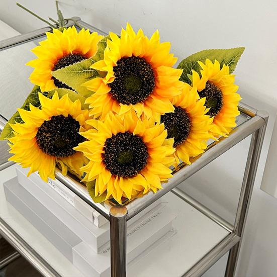 Artificial Flowers Realistic Sunflower Bouquet for Home Decoration UV-Resistant Fade-Free Adjustable Stem Living Room Bedroom Wedding Photo Props