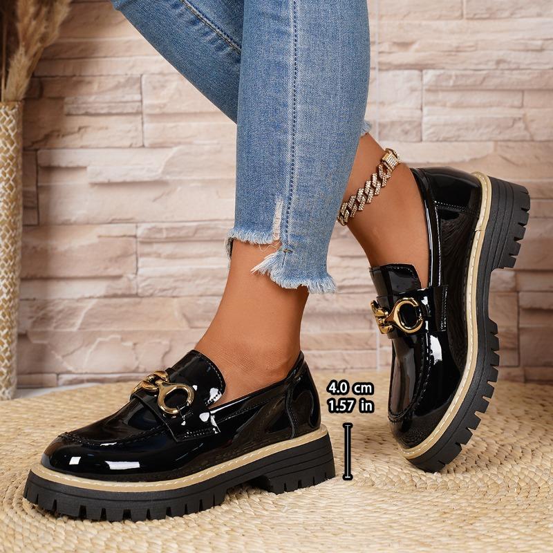Vintage Metal Chain Platform Low-top Shoes 2025 Autumn New Muffin Plus Size British Style Small Leather Shoes for Women