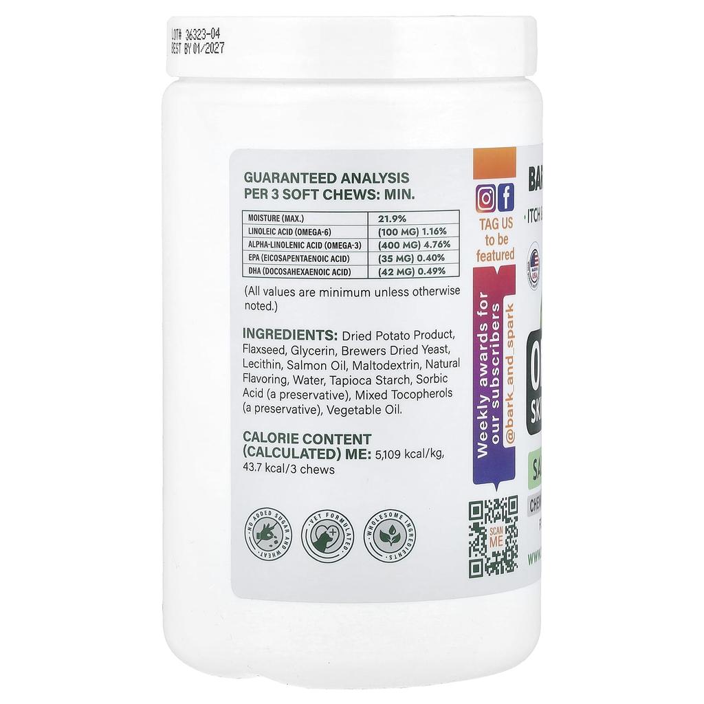 Bark&Spark, Omega Skin and Fur, Salmon Oil, For Dogs and Cats, Chicken Flavor, 180 Soft Chews, 513g (18oz)