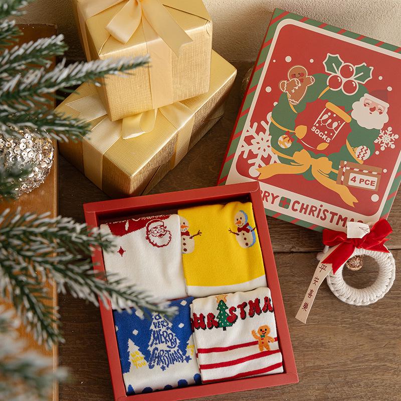 

Мультяшные носки Санта-Клауса на Рождество в подарочной коробке - Набор из 4 милых зимних пар для мужчин и женщин Christmas Socks Unisex Size 35-44