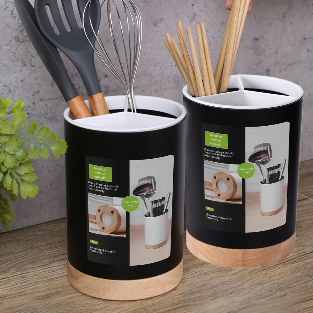 Utensilienhalter aus Kunststoff, Besteckabtropffläche, Aufbewahrungseimer für Küchengeschirr, Essstäbchen, Löffel, Aufbewahrungsregal mit 3 Fächern, Besteckhalter