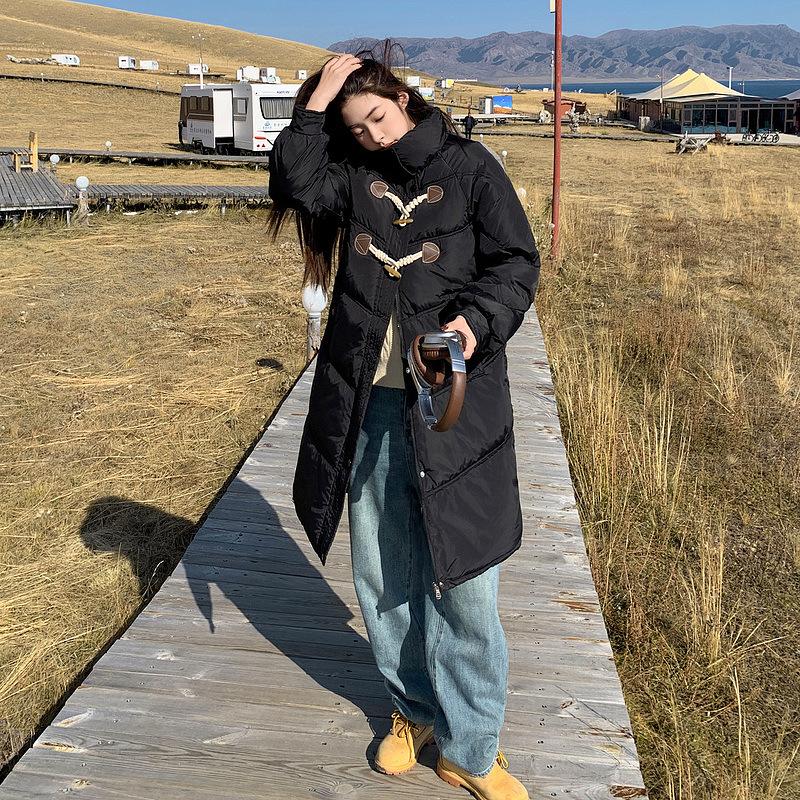 Stand up collar thickened horn buckle cotton jacket for women 2025 new Korean version loose mid-length padded jacket winter jacket
