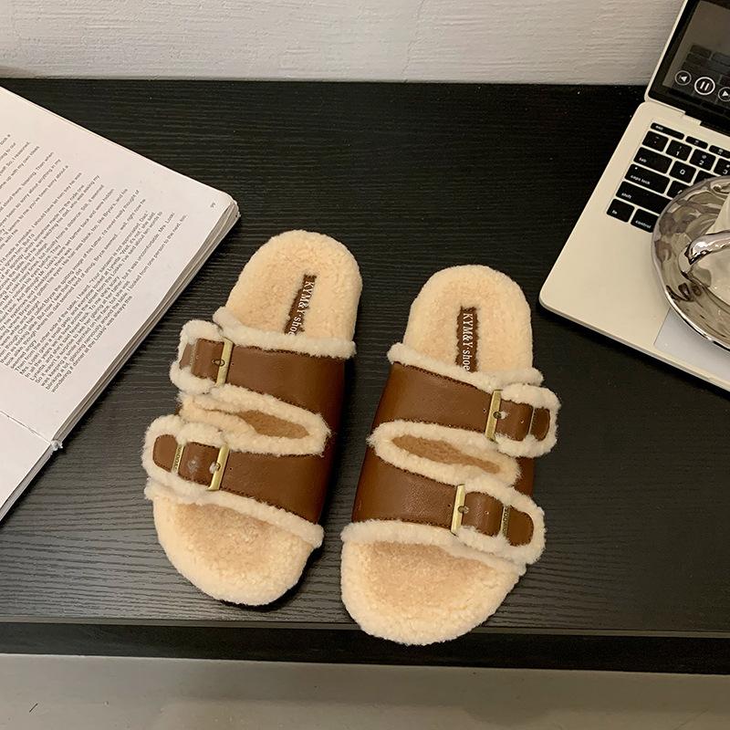 [Uncle Shoes] Birkenstock's new 2025 going out, fluffy cotton slippers, thick-soled fluffy slippers, women's outer wear retro home