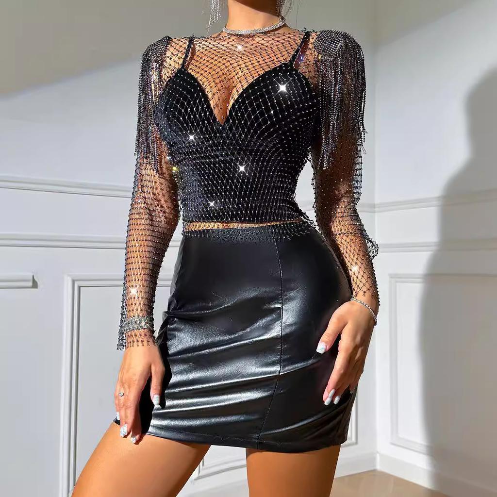 Women Rhinestone Mesh Long Sleeve V Neck Party See Through Top