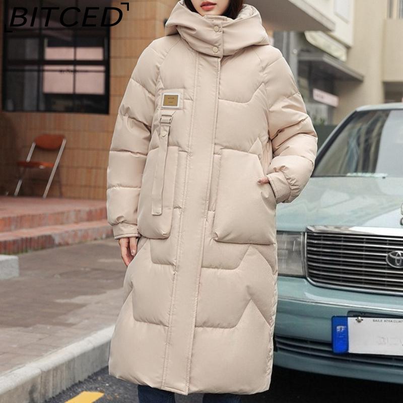 BITCED Winter Detachable Hood Cotton Coat for Women Mid-Length Thickened Cotton Coat Over-the-Knee Length Women's Cotton Jacket Outerwear