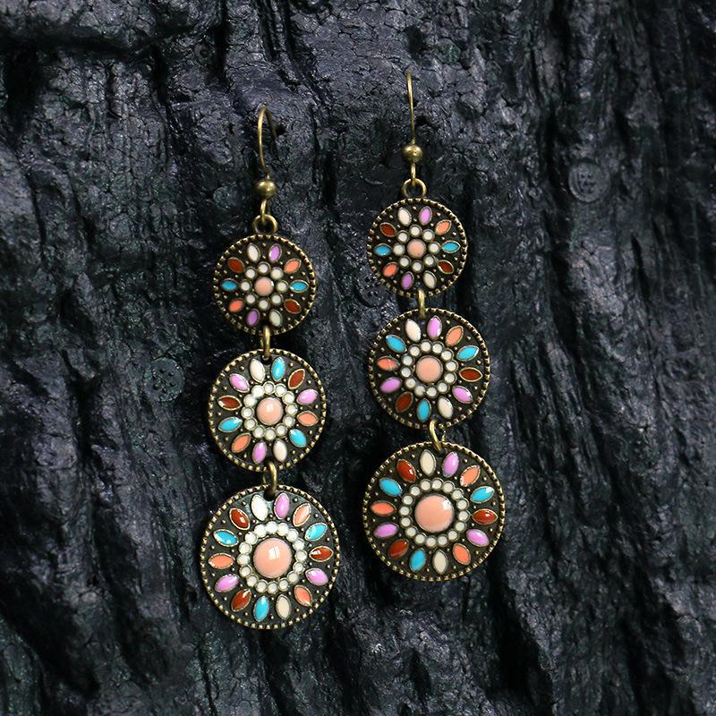 Vintage Bohemian Drop Dangle Earrings For Women Long Crystal Flower Hollow Geometric Enamel Ethnic Boho Wedding Earrings Jewelry