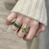 Classic Retro Glossy Cat Eye Green Flower Rings for Women New In Retro Palace Style Elegant Ring Wedding Engagement Jewelry