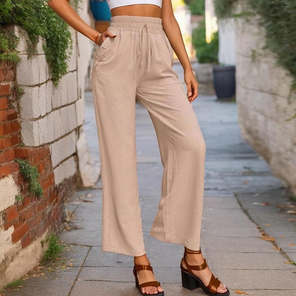 Drawstring Elastic Wide-Leg Pants for Women Mid-Length High Waist Pants Ladies Straight Trousers