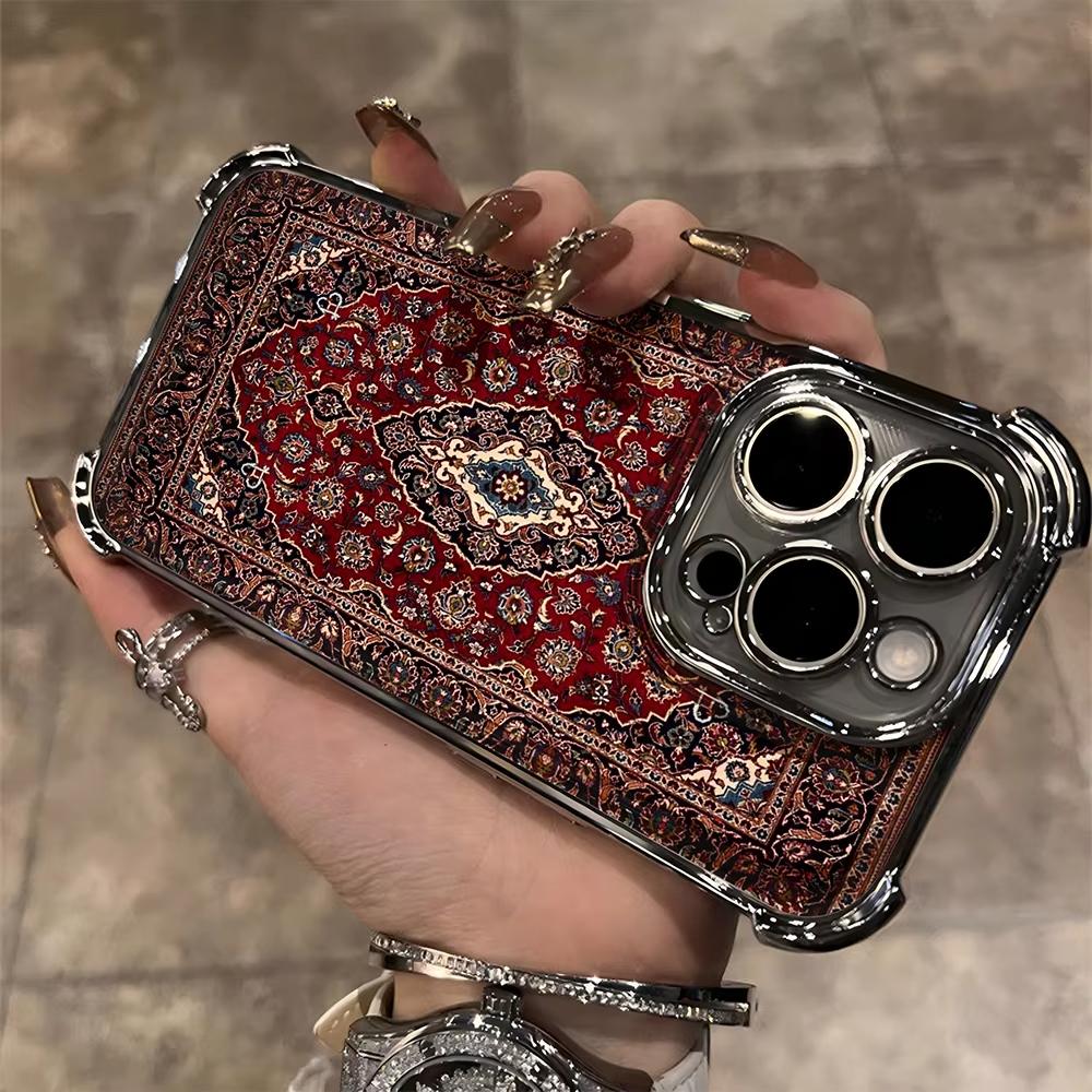 Persian Carpet Floral Pattern Plating Phone Case For iPhone 17 Air 16e 15 14 13 12 11 Pro Max Plus Mini SE Anti-Fall Airabag