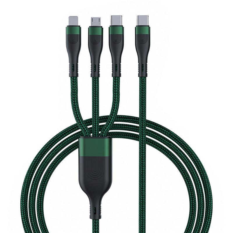 

For iPhone 15 Series 1.2m PD 100W 3-in-1 Type-C to Lightning+Type-C+Micro Data Cable Phone Fast Charging Nylon Cable Dark Green