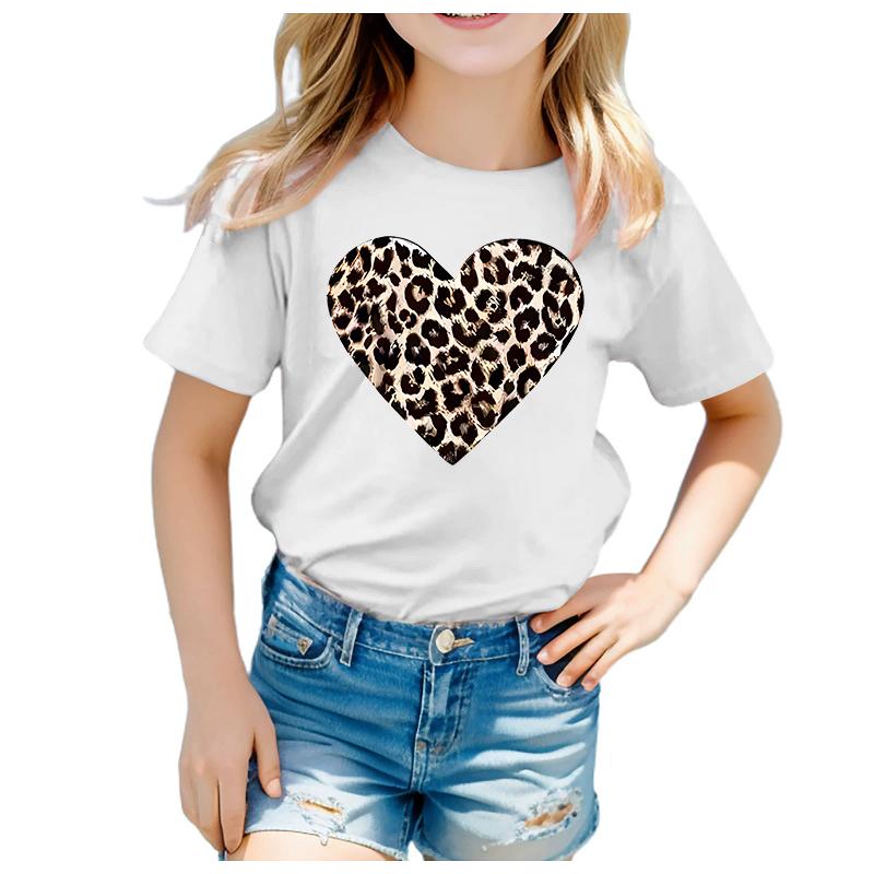 Girls RoundNeck ShortSleeved TShirt Leopard Print Heart Print Modal Fabric Casual Kids Top In Assorted Sizes Modal Fabric
