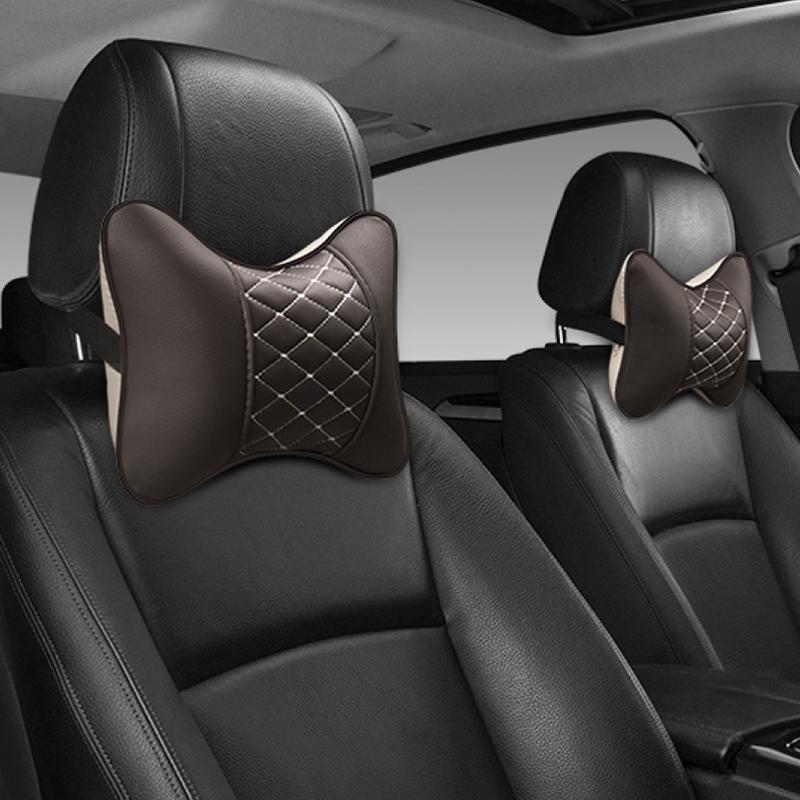 2pc Luxury Car Headrest Neck Pillow Pu Leather Quilted Plaid Soft Comfortable Breathable Pillow Cushion Car Interior Accessories