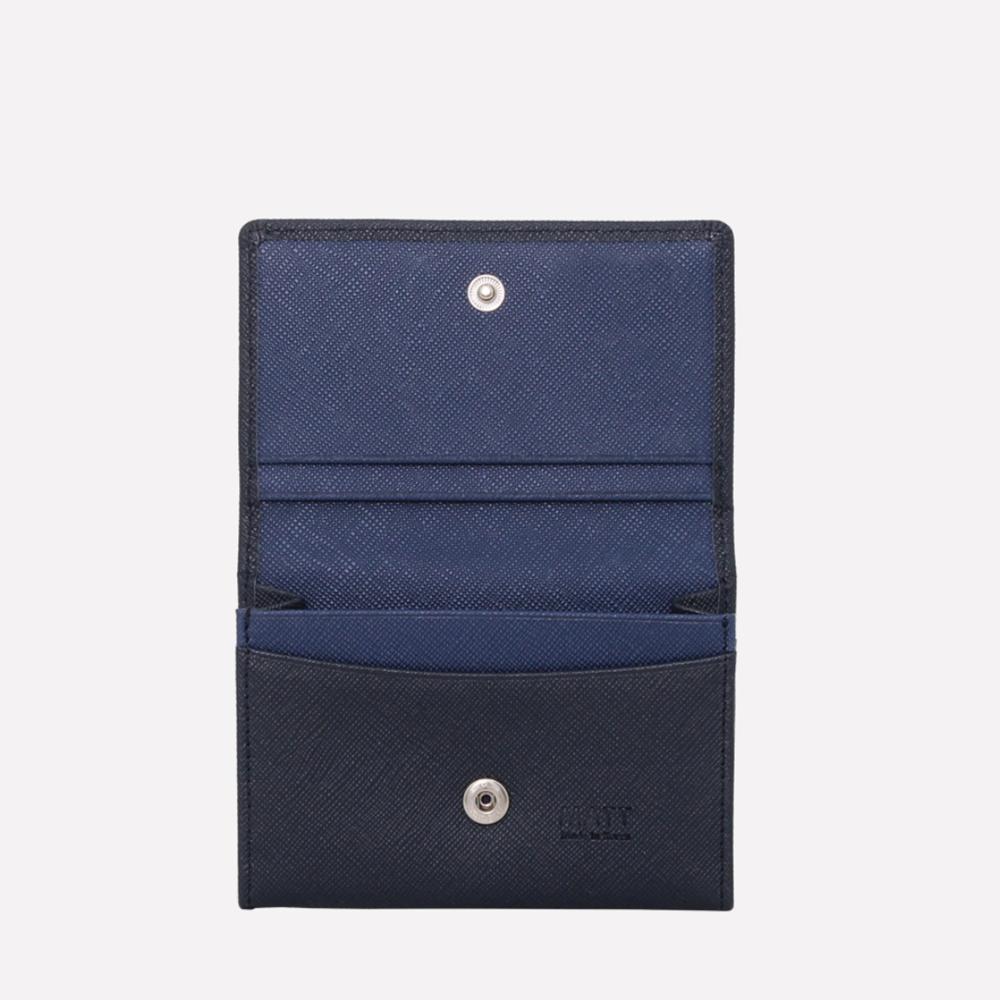 Matt Saffiano Cowhide Slim Business Card Holder Black + Steel Blue