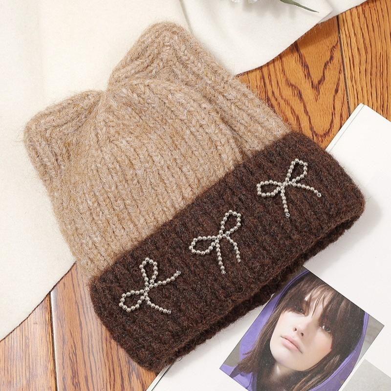 Fashion Casual Bowknot Knitted Hat Cat Ear Knitted Winter Hat Windproof Beanie Caps
