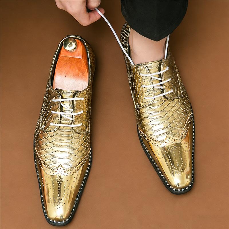 Luxury  Pointed Gold Patchwork Lace Up Brogues Shoes For Men Brand Designer Casual Loafers Formal Dress Footwear Zapatos Hombre