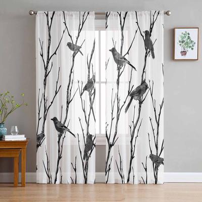Abstract Silhouette Of Branch Bird Animals Tulle Window Curtains for Bedroom Luxury Home Drapes In Living Room Chiffon Panels