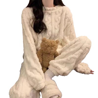 Conjunto de Pijama de Lã Feminino Macio Fofo Pulôver Canelado Conjunto de Roupa de Dormir de Duas Peças Inverno PJs Difusos de Sherpa Conjunto Lounge